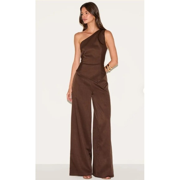 PrettyLittleThing Pants - PrettyLittleThing One Shoulder Wide Leg Jumpsuit Chocolate Brown Size 6 NEW